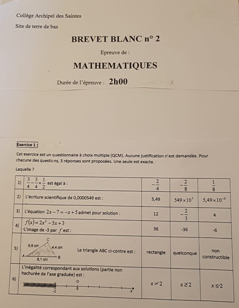 DNB Blanc à distance en Mathématiques Collège Archipel des Saintes